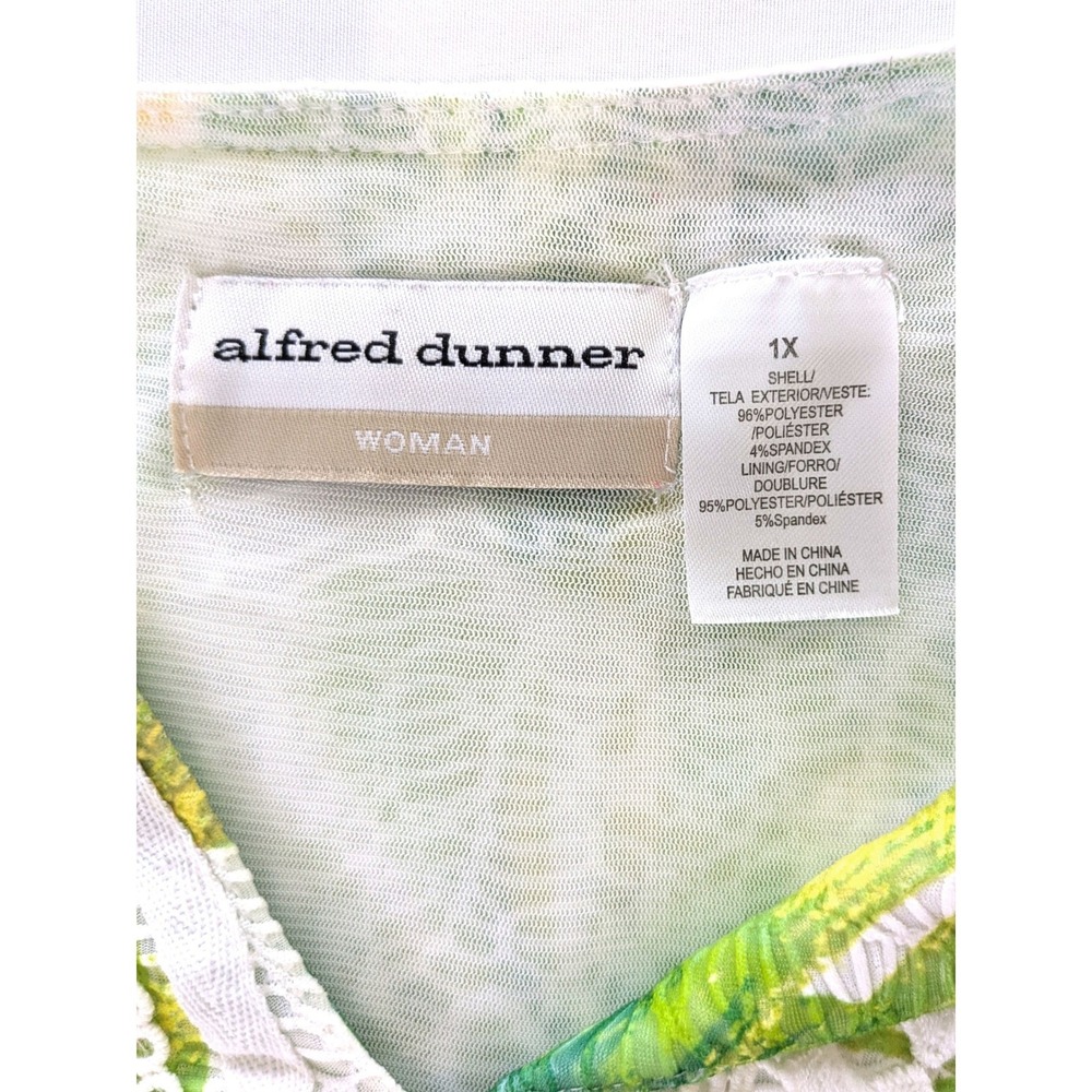 Alfred Dunner Woman 1X Tropical Palm Leaf Lace Trim Tunic Top Green Yellow *read - Picture 3 of 5